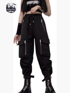 Women's Cargo Pants with Chains, Multi-Pocket, Multi-Zip, Loose Fit, Punk Style